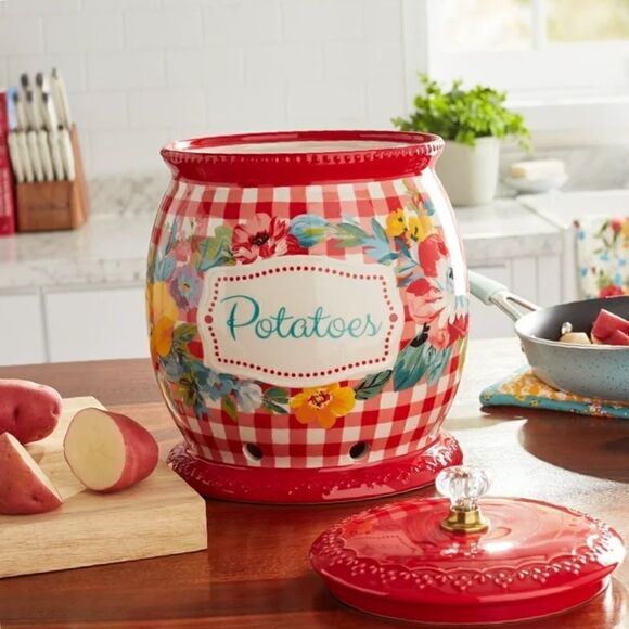 2023 🩷 New Pioneer Woman Sweet Romance Red Gingham 8.5”d Potato Keeper Canister - Picture 2 of 5